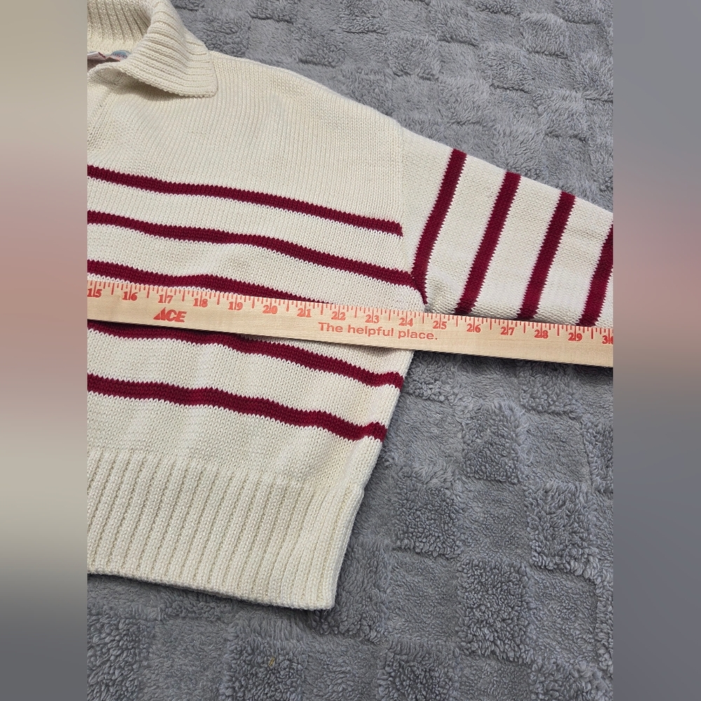 Women's Oversized Cropped Cream and Red Med Size Striped V-Neck Sweater - Picture 4 of 8